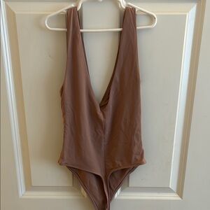 Babaton Brown Bodysuit with Deep V-Neck and Wide Straps